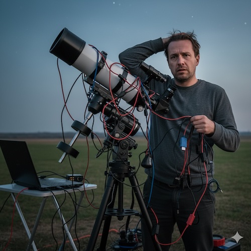 worried man next to telescope with many wires