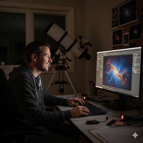 happy man editing space pictures
