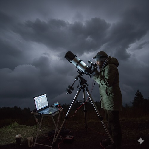 man with telescope and dark clouds